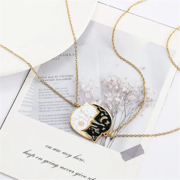 2 PCS Black & White Cat Matching Pendant Necklace Set